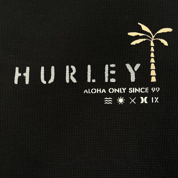 Hurley Thermal Shirt Mens S Black Gray Waffle Graphic Long Sleeve Spellout Surf - Picture 2 of 8